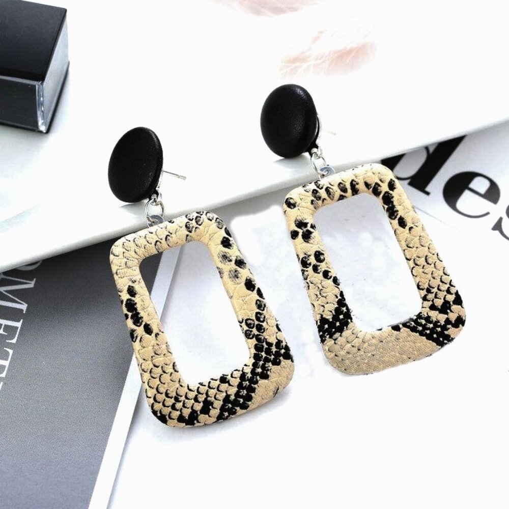 Briella Style Beige Snake Skin Pattern Open Square Dangle Earrings Gift Packaged